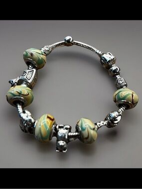 Authentic Pandora Charm Bracelet Murano Glass Cat Bunny Frog Rocking Horse